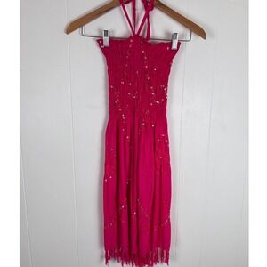 Girls Pink Smocked‎ Halter Dress Sequin Detail Fringe Hem Party Casual Size 7-8